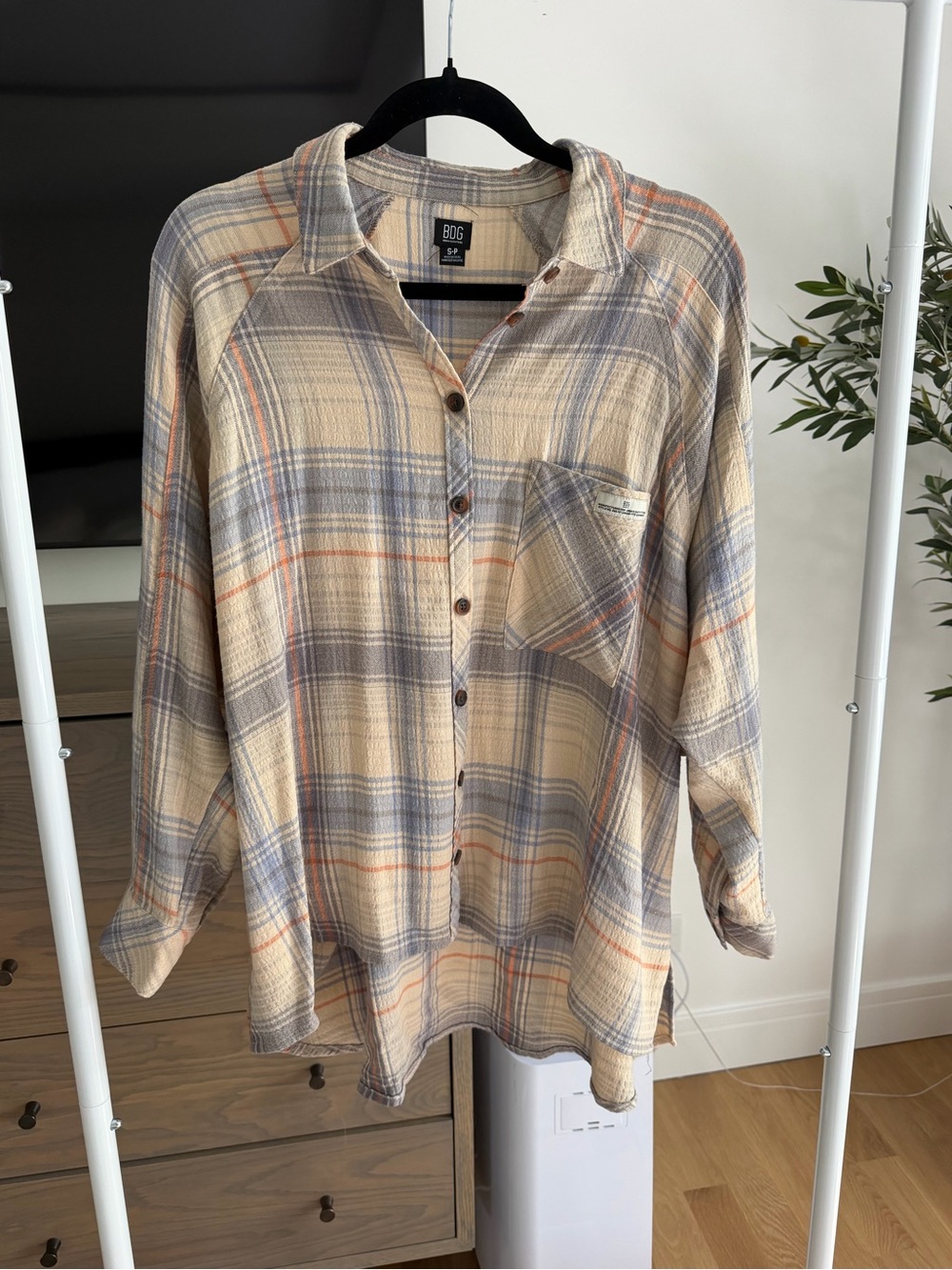 BDG Beige Plaid Button-Down Shirt with Blue and Orange Stripes